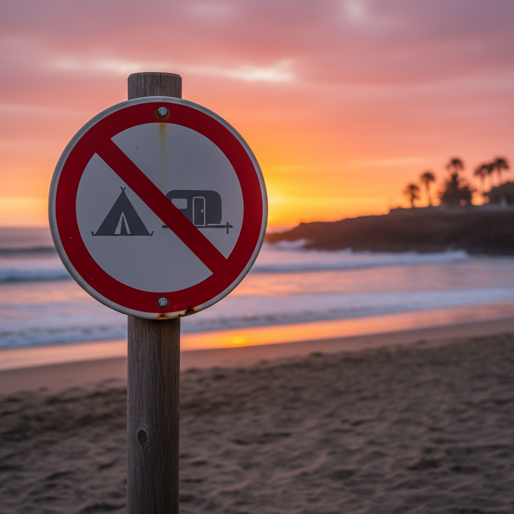 Señal de prohibido acampar en una playa de Lanzarote.