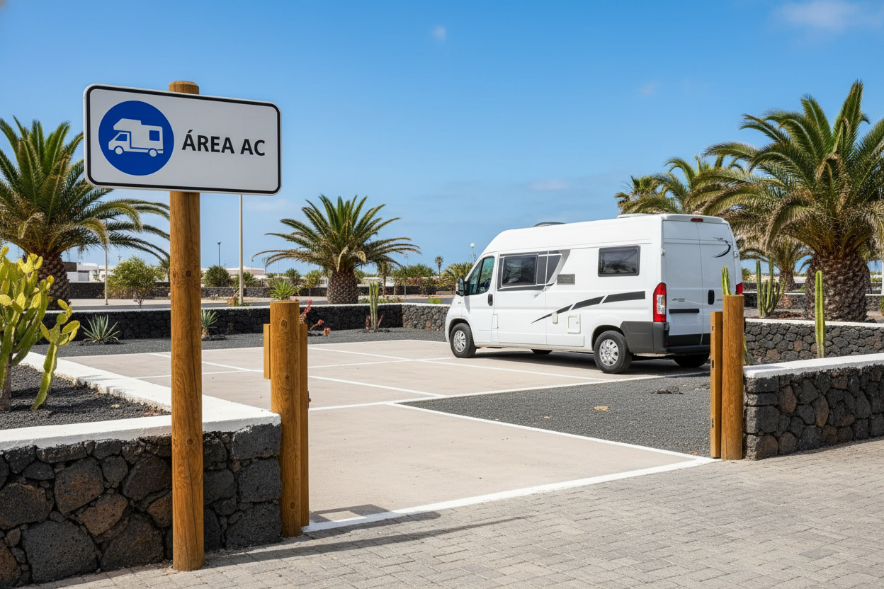 Entrada a una área de autocaravanas oficial en Lanzarote.