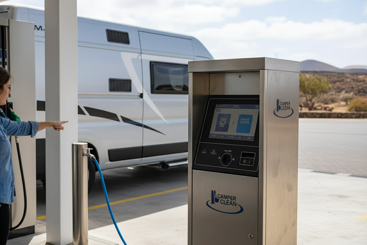 Punto de servicio Camper Clean para vaciado de aguas en una gasolinera de Lanzarote.