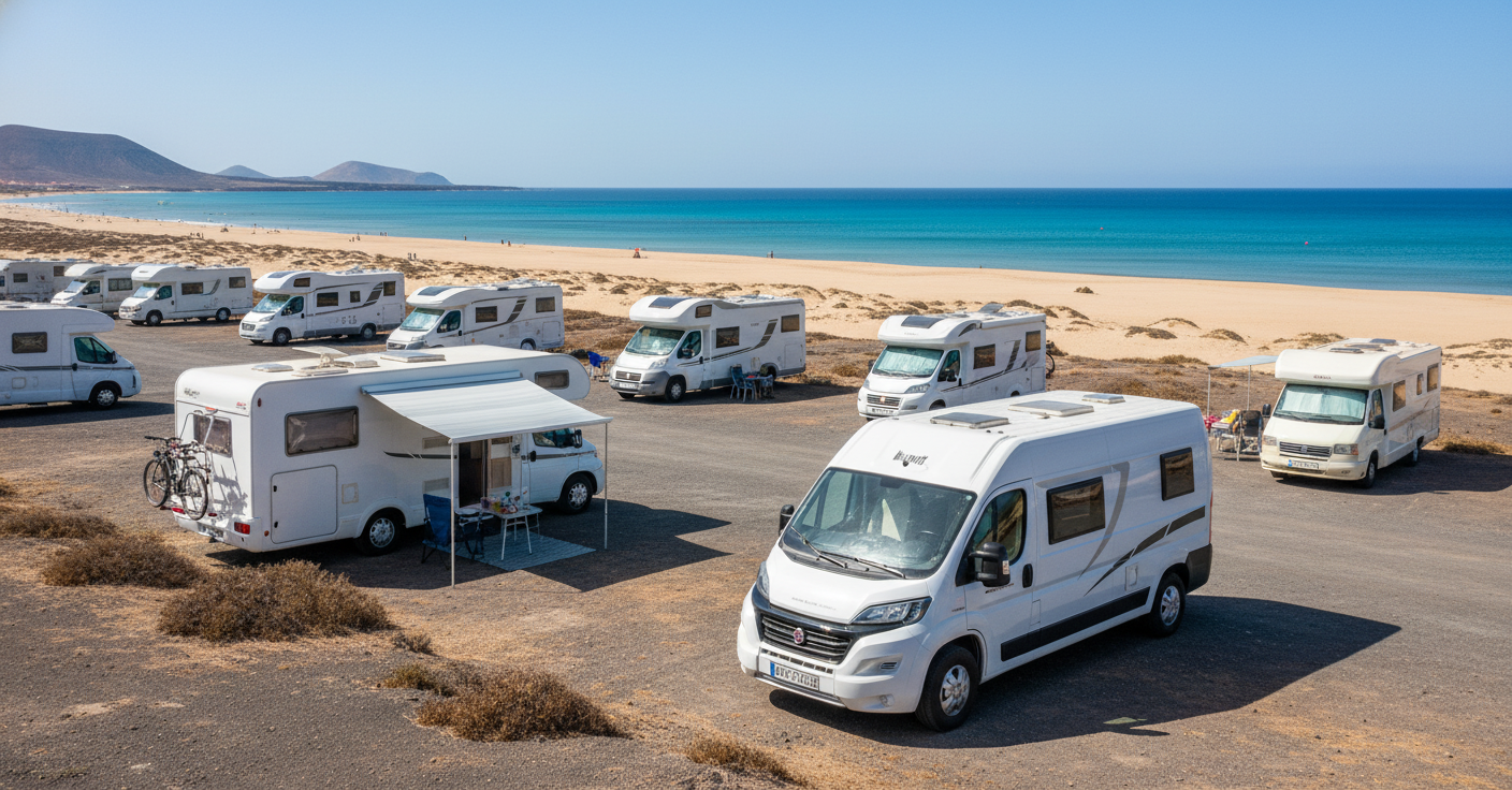 Parking de Playa Mujeres con varias autocaravanas.