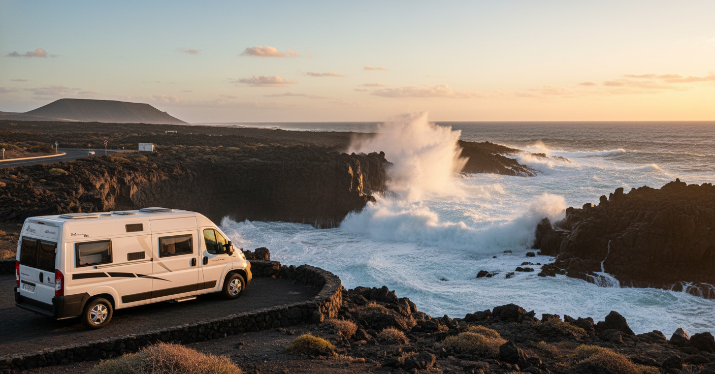 Autocaravana aparcada en el parking de Los Hervideros, con las olas rompiendo en los acantilados volcánicos de Lanzarote al fondo.