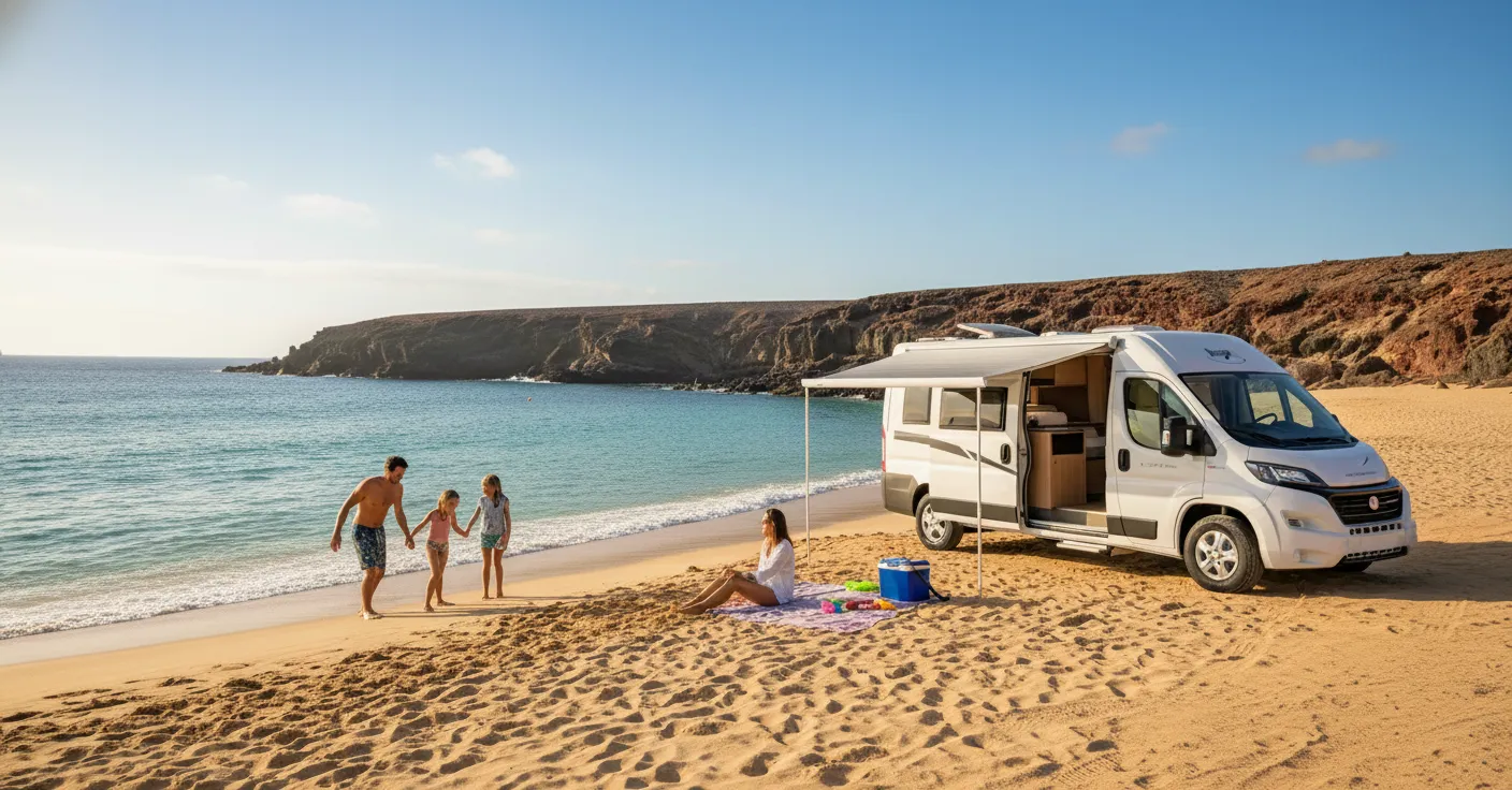 Familia disfrutando al viajar con niños en autocaravana por Lanzarote en playa Papagayo