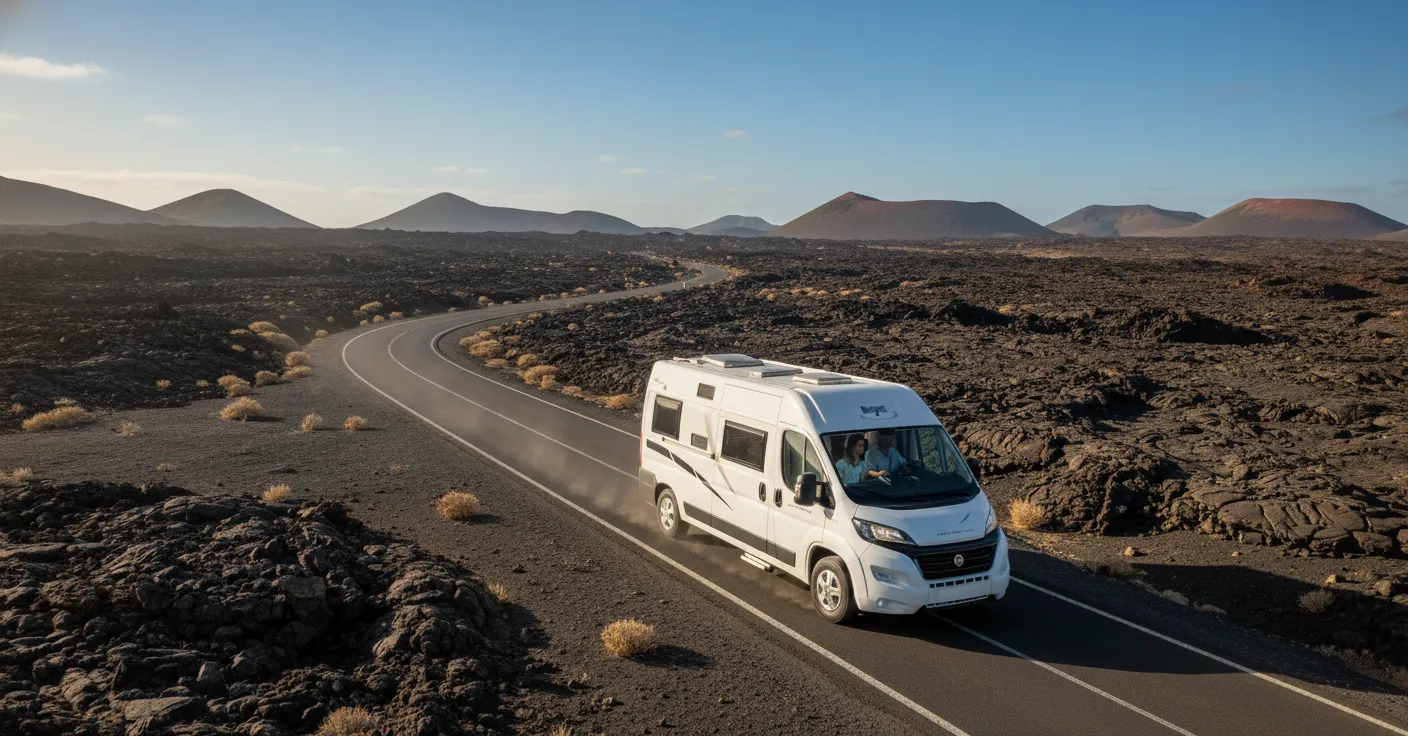 Autocaravana circulando por ruta de volcanes al viajar con niños en autocaravana por Lanzarote